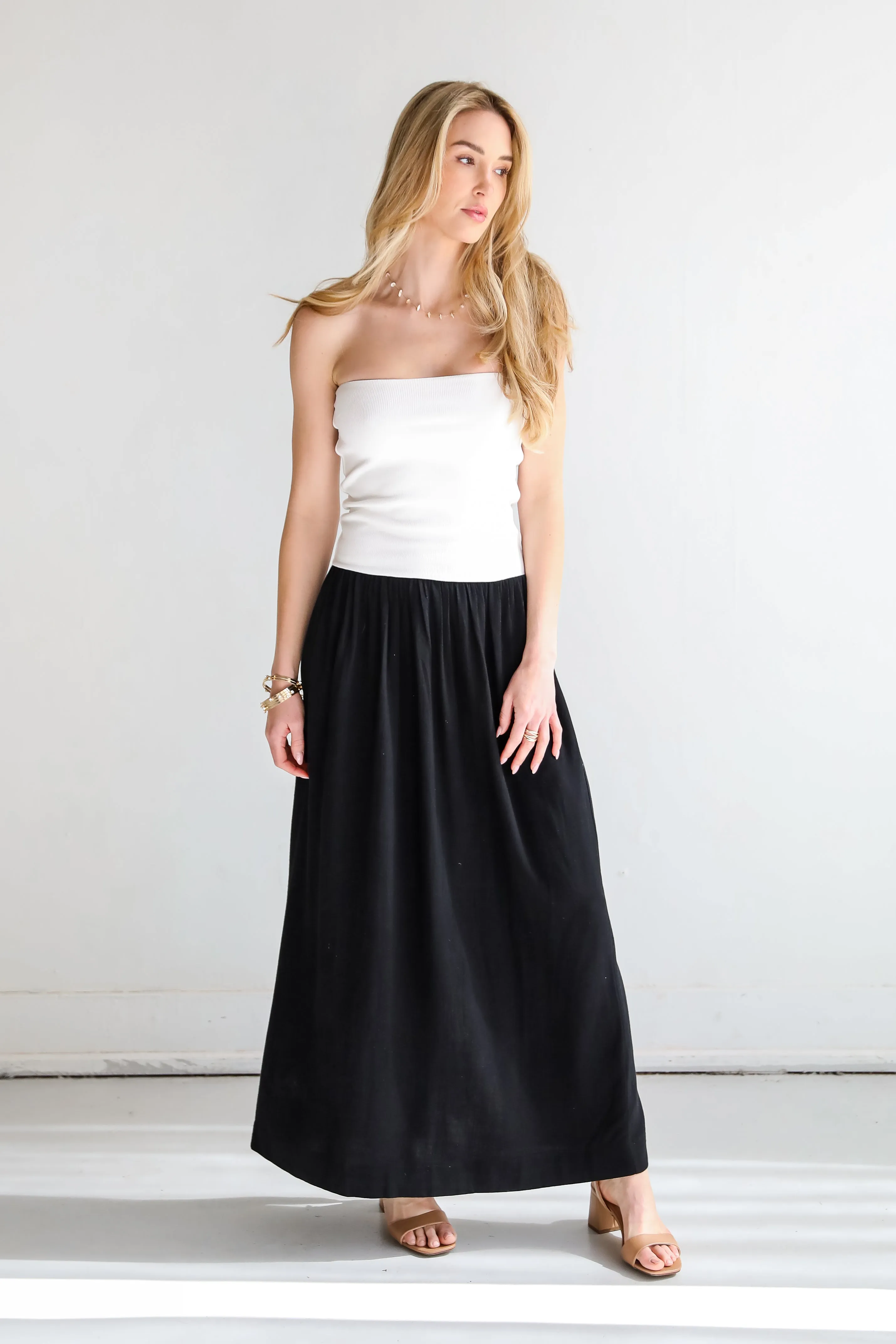 Beautifully Chic Black Contrast Strapless Maxi Dress