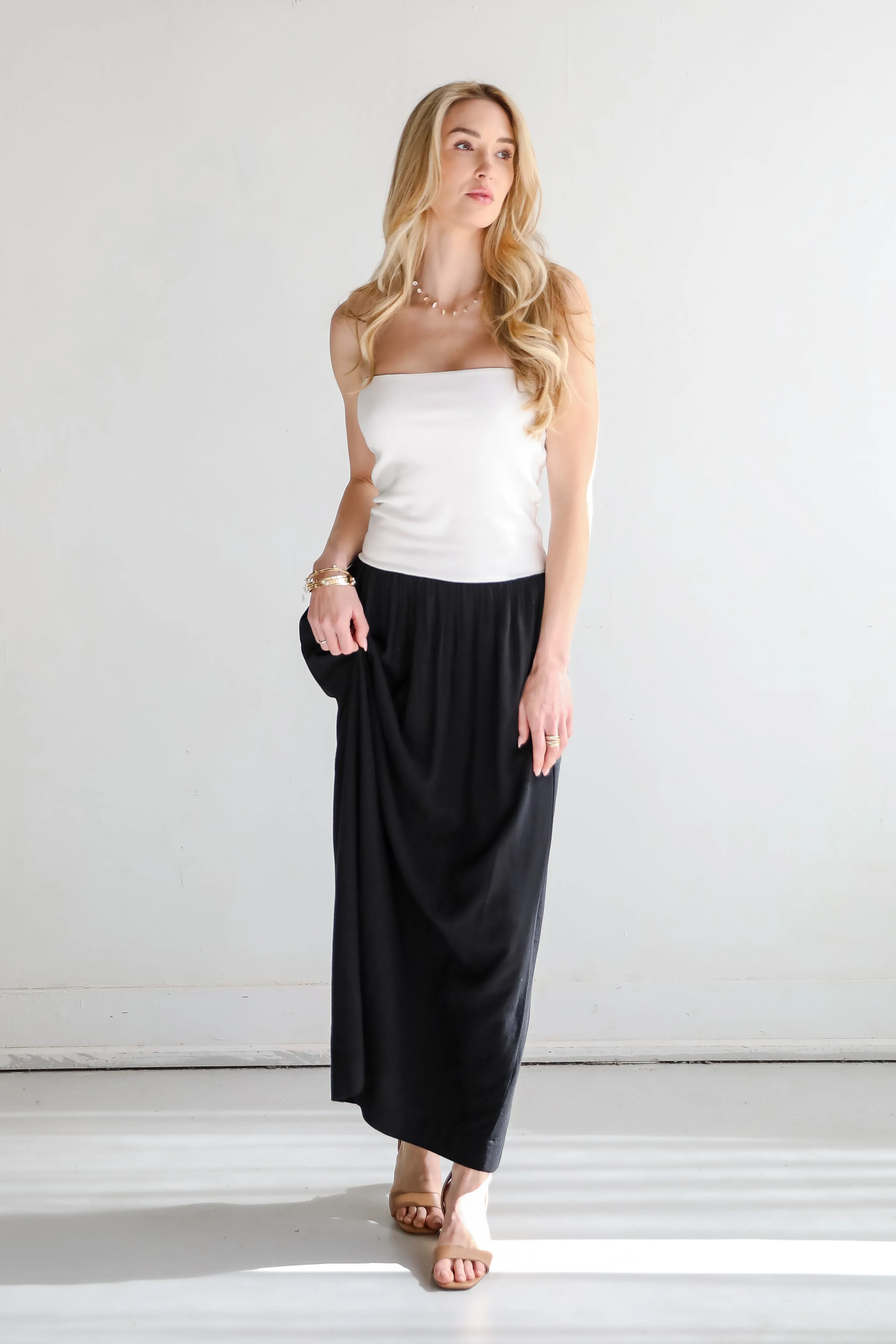 Beautifully Chic Black Contrast Strapless Maxi Dress