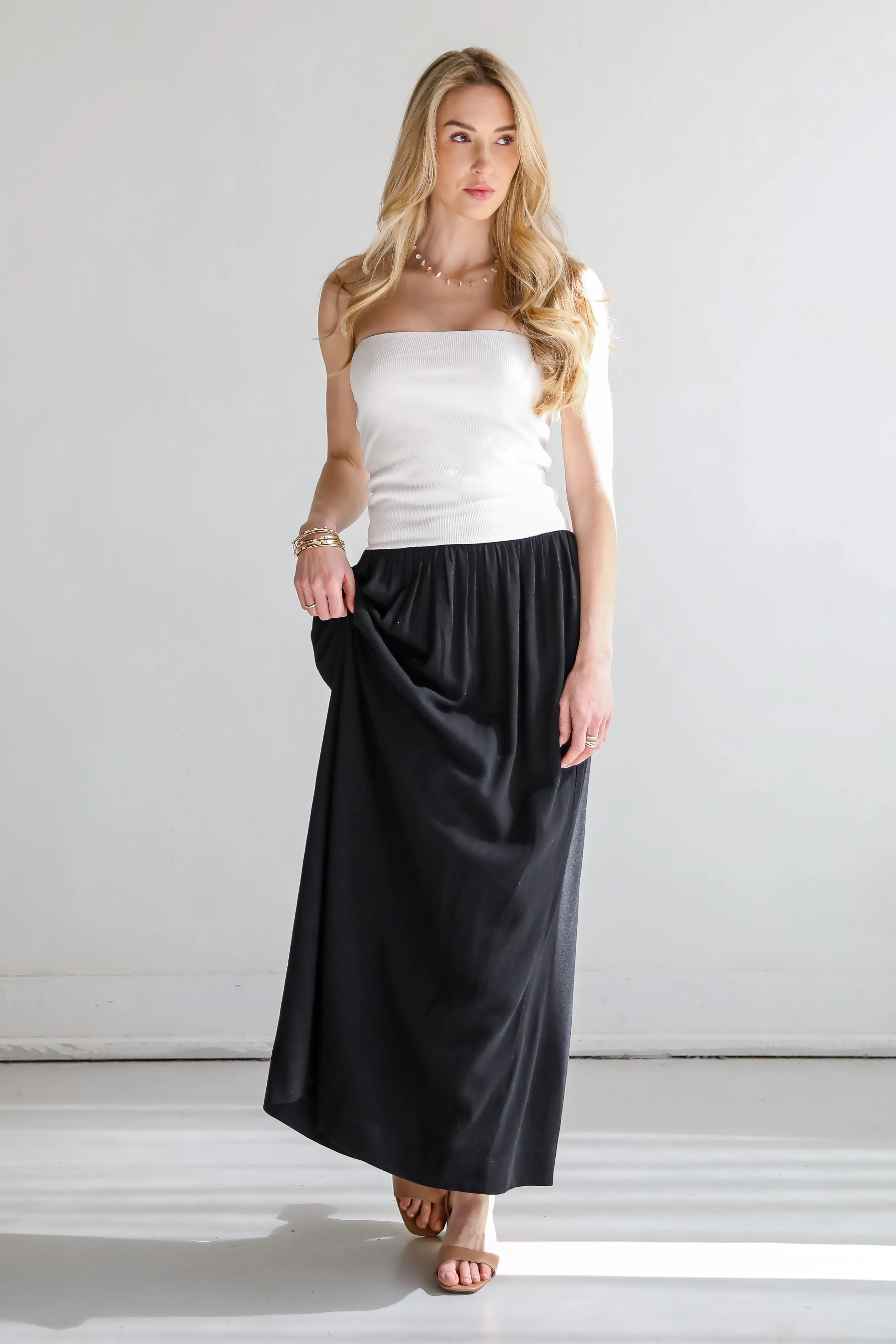 Beautifully Chic Black Contrast Strapless Maxi Dress