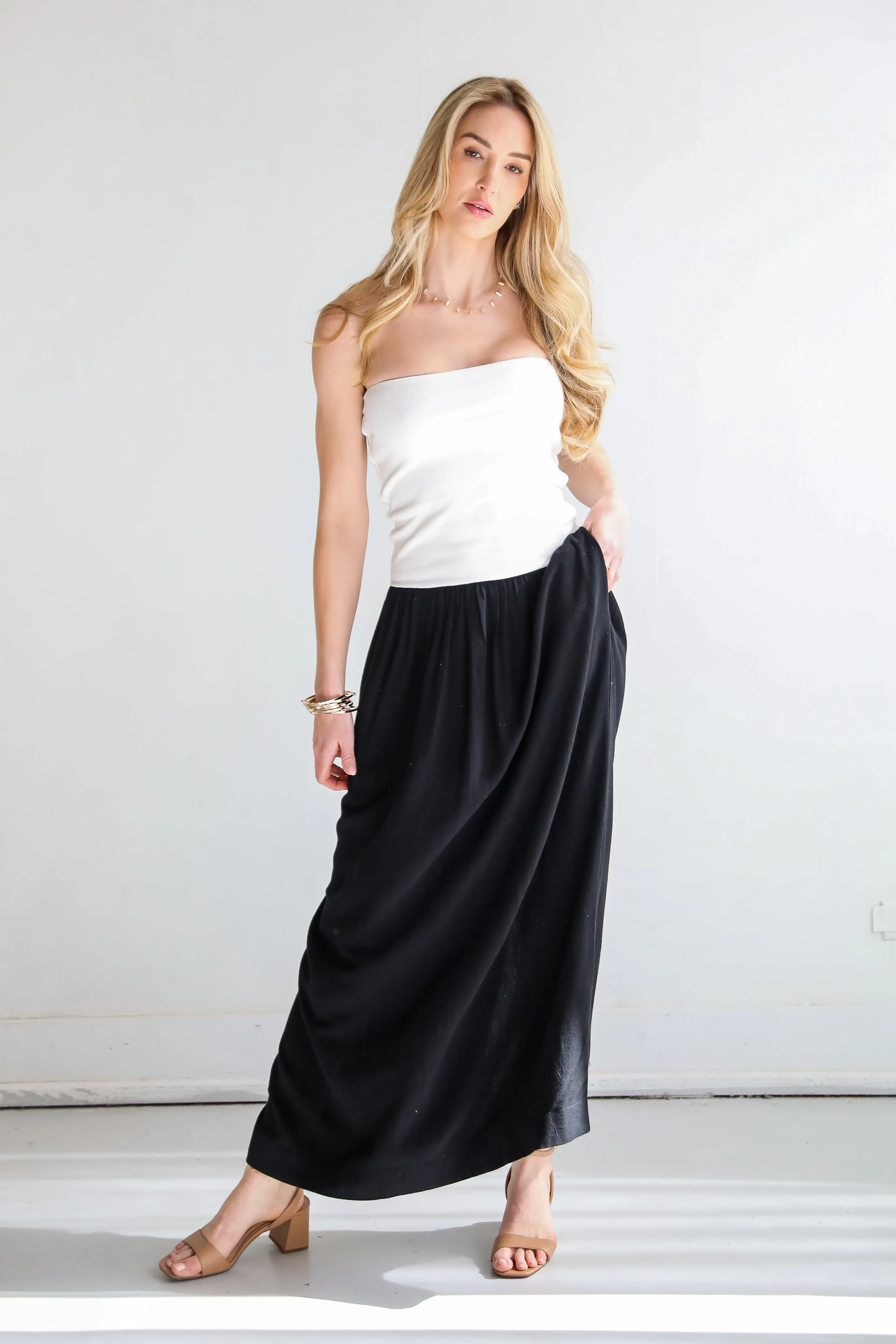 Beautifully Chic Black Contrast Strapless Maxi Dress