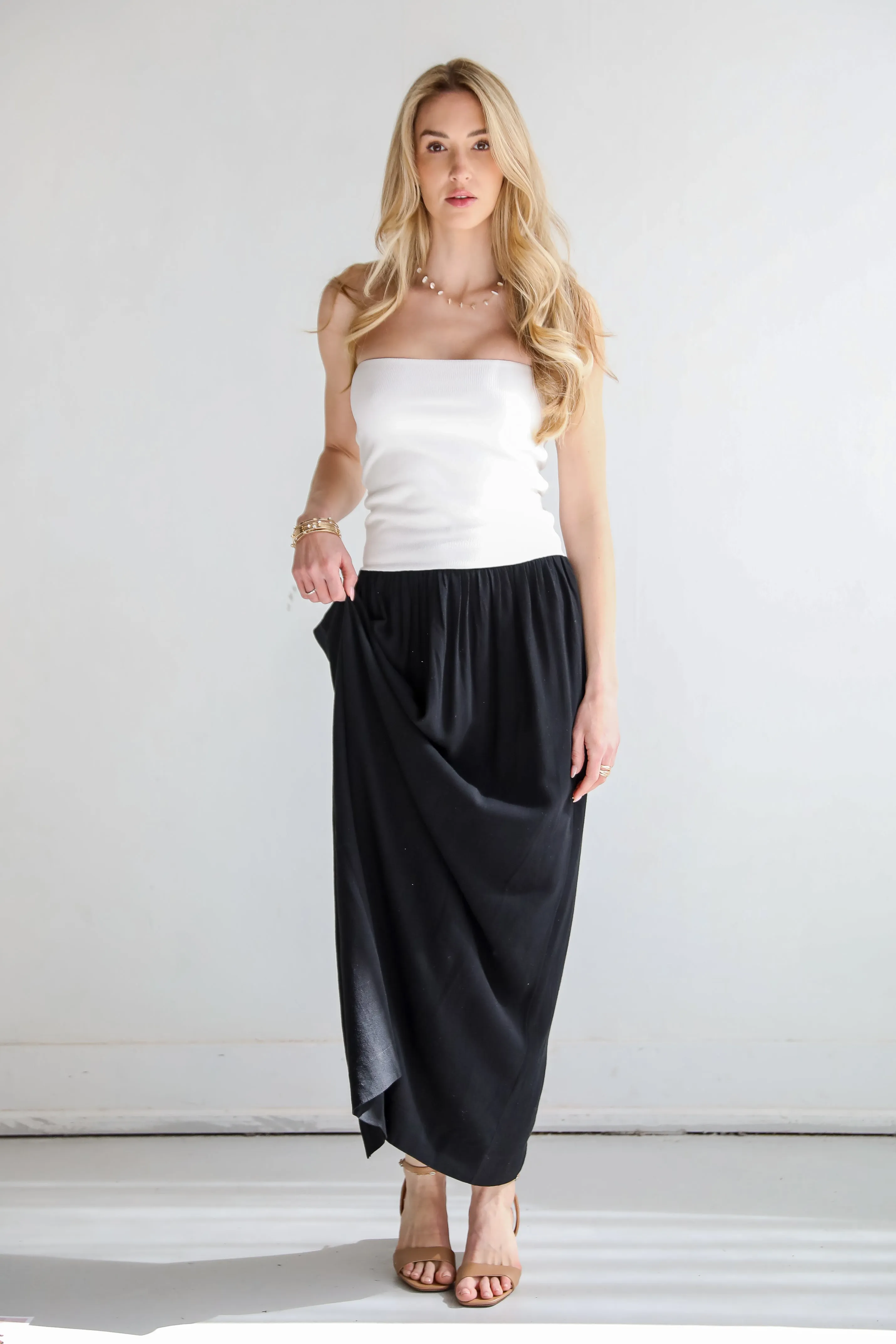 Beautifully Chic Black Contrast Strapless Maxi Dress