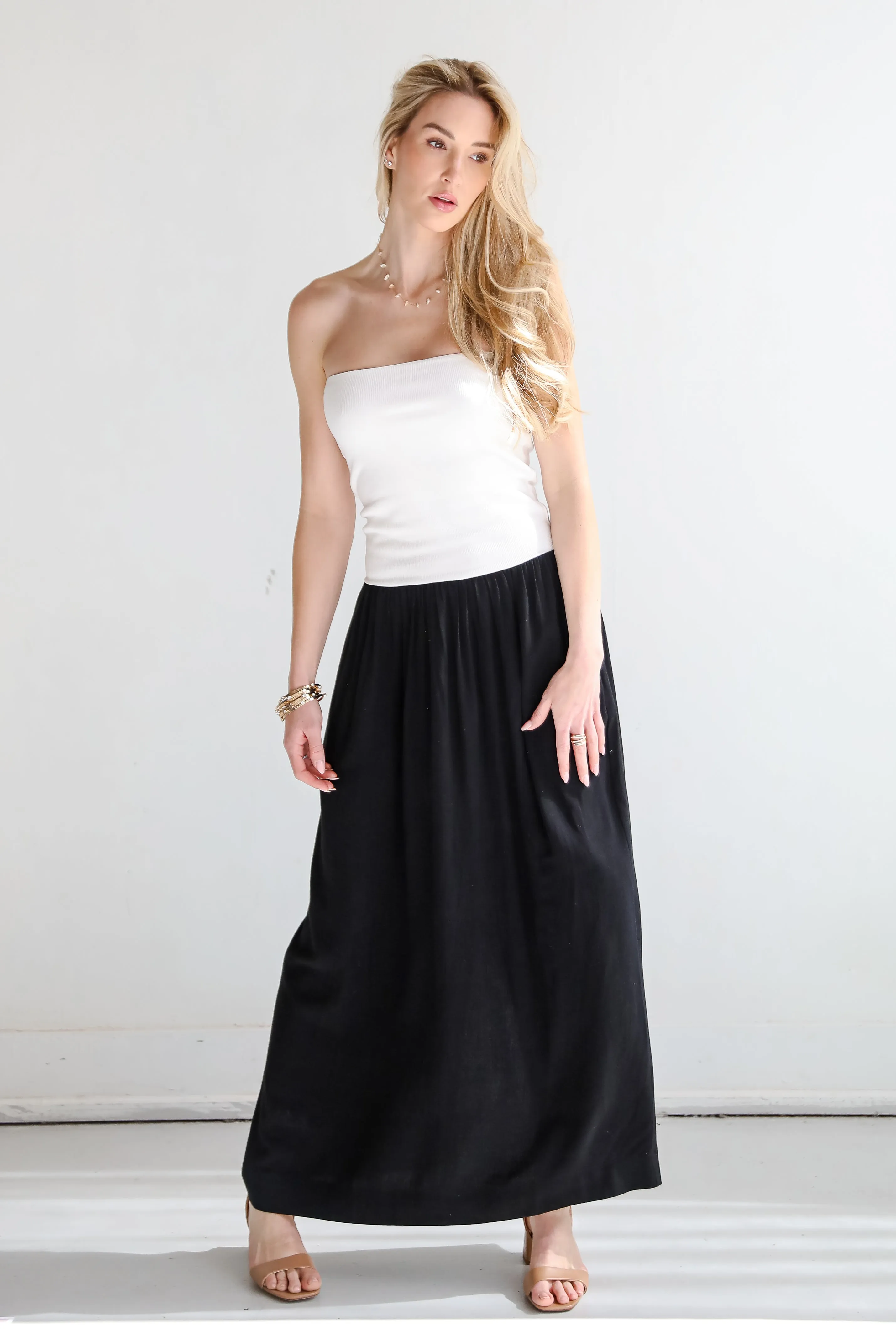 Beautifully Chic Black Contrast Strapless Maxi Dress
