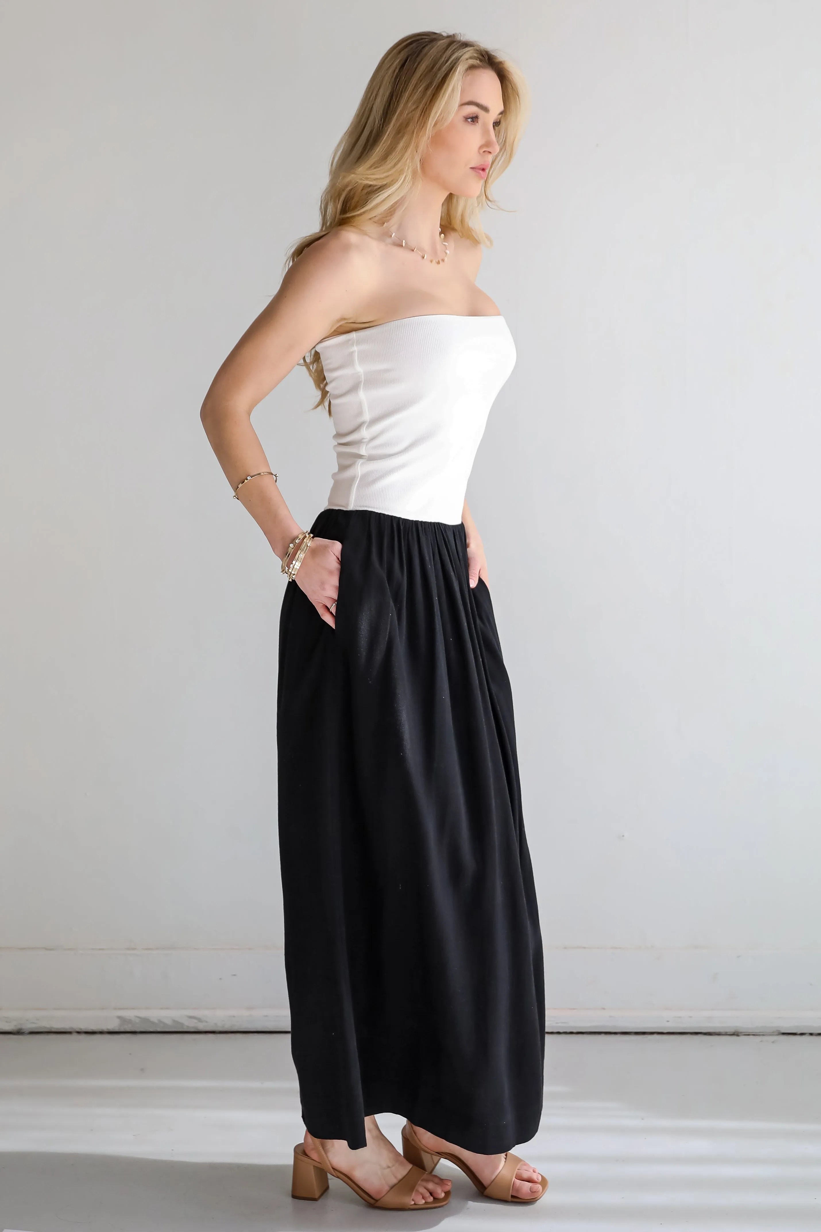 Beautifully Chic Black Contrast Strapless Maxi Dress