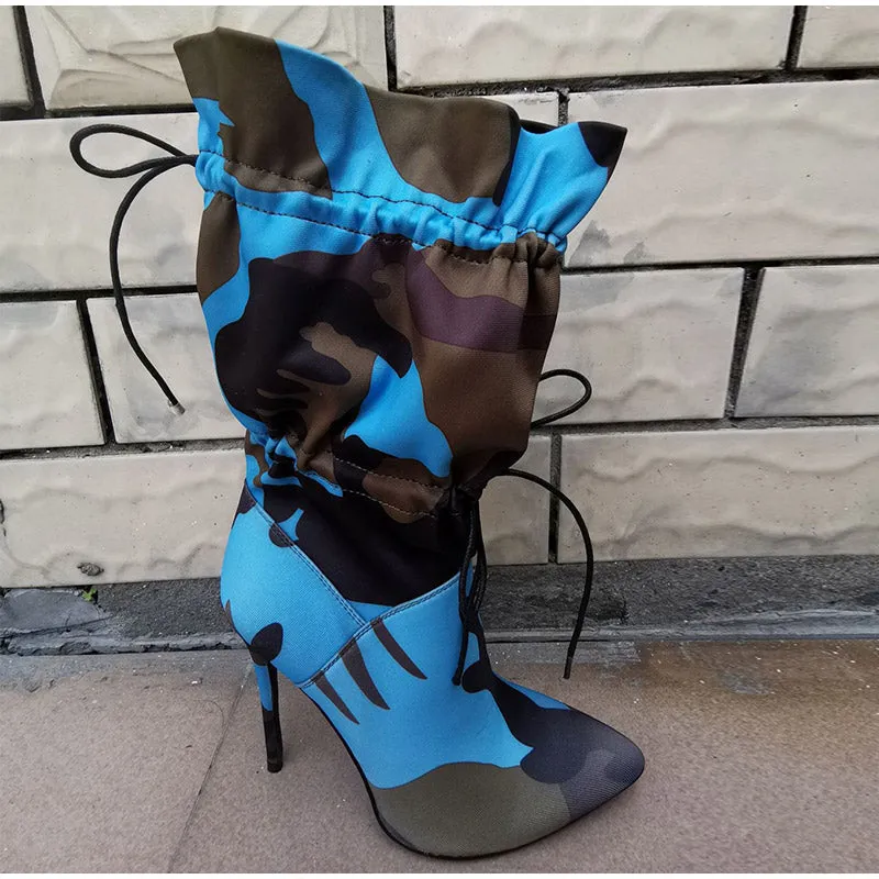 Canvas Camouflage Boots Orange Red Blue Thin High Heels