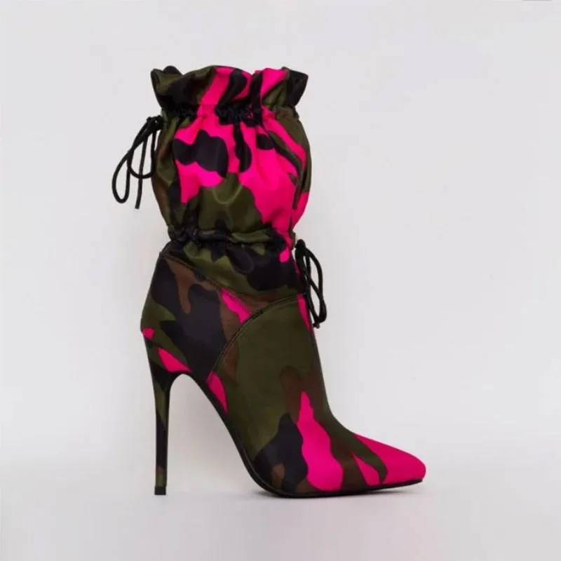 Canvas Camouflage Boots Orange Red Blue Thin High Heels
