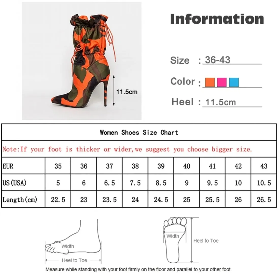 Canvas Camouflage Boots Orange Red Blue Thin High Heels