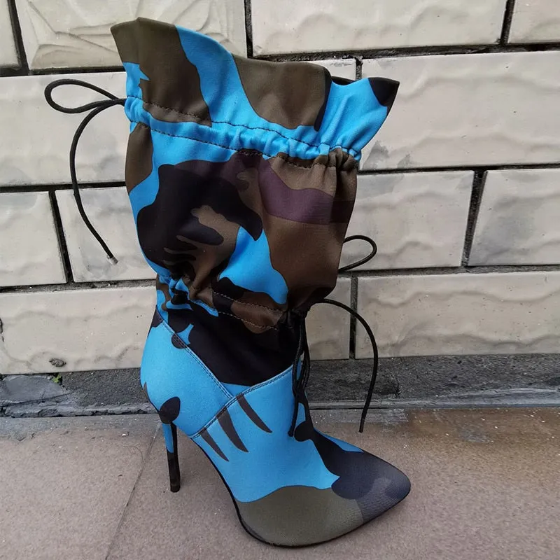 Canvas Camouflage Boots Orange Red Blue Thin High Heels