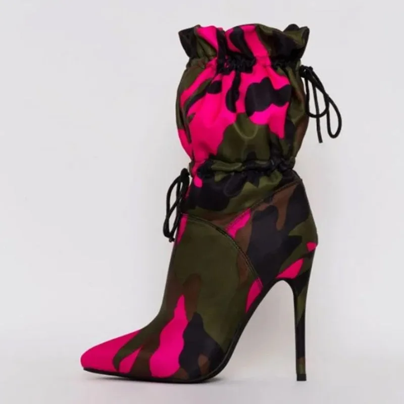 Canvas Camouflage Boots Orange Red Blue Thin High Heels