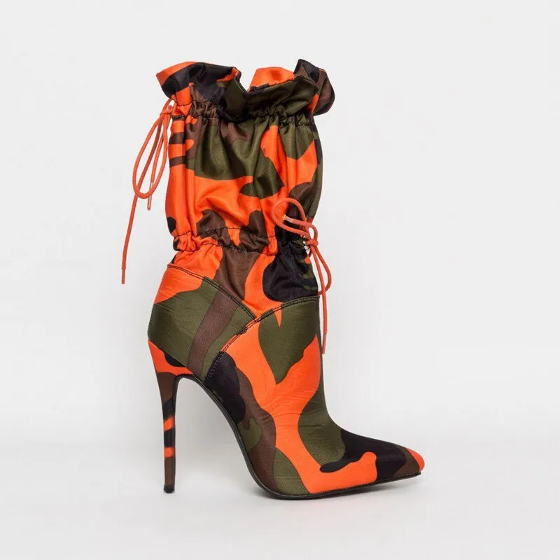 Canvas Camouflage Boots Orange Red Blue Thin High Heels