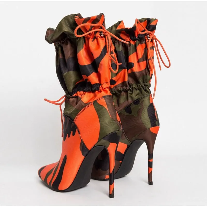 Canvas Camouflage Boots Orange Red Blue Thin High Heels