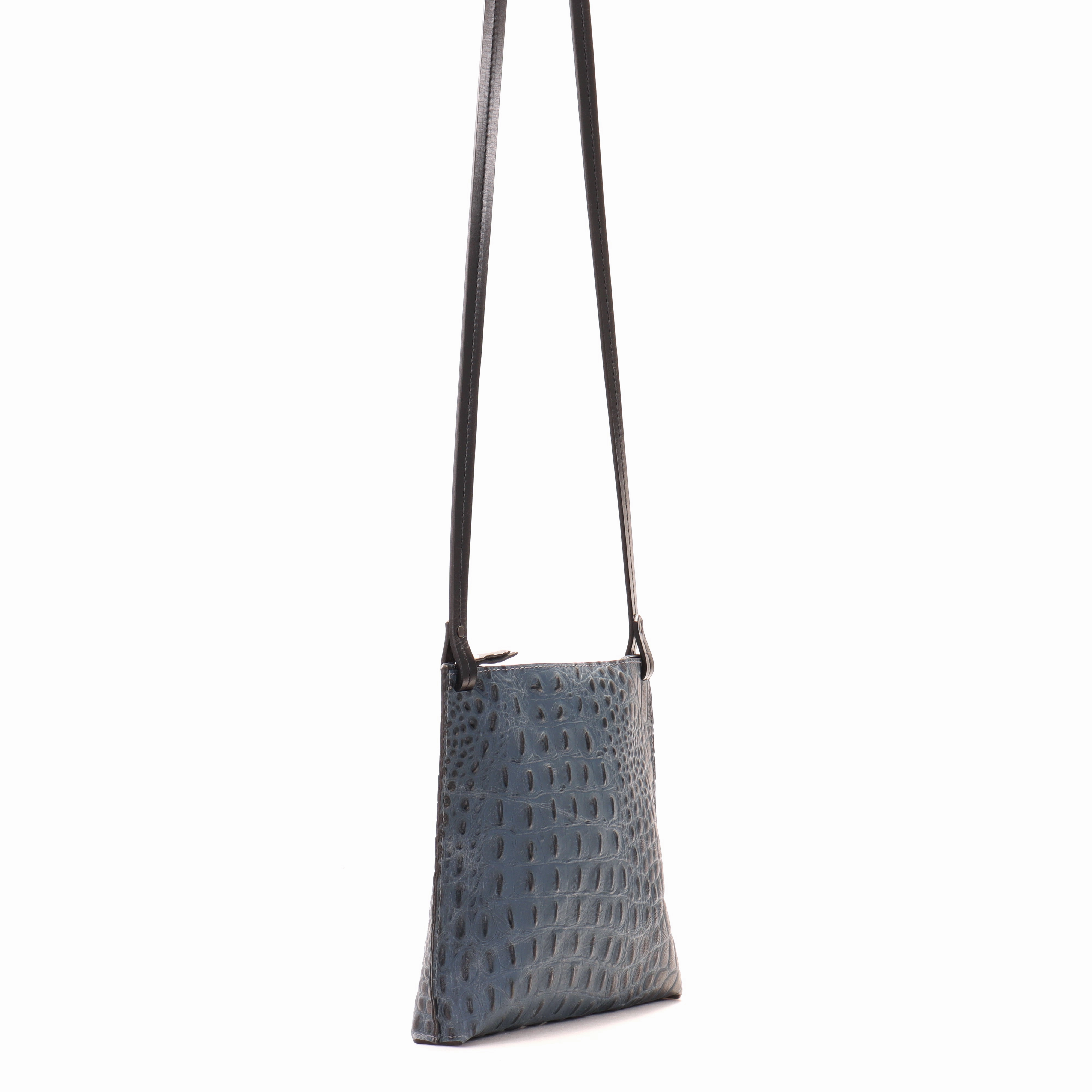 LARGE STRAPPY POUCH NAVY EMBOSSED CROC