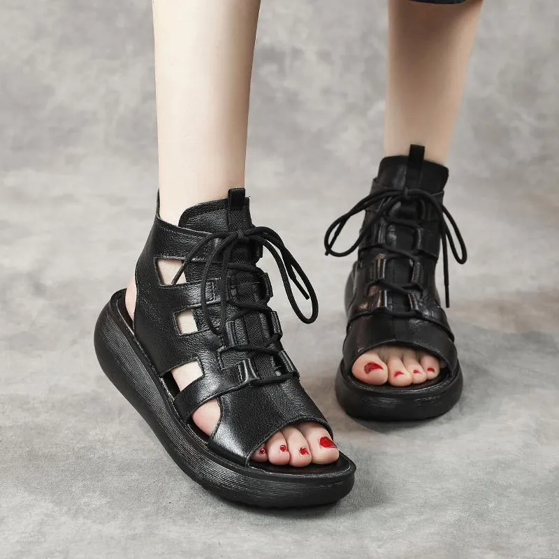 Women Summer Vintage Leather Hollow High Sandals
