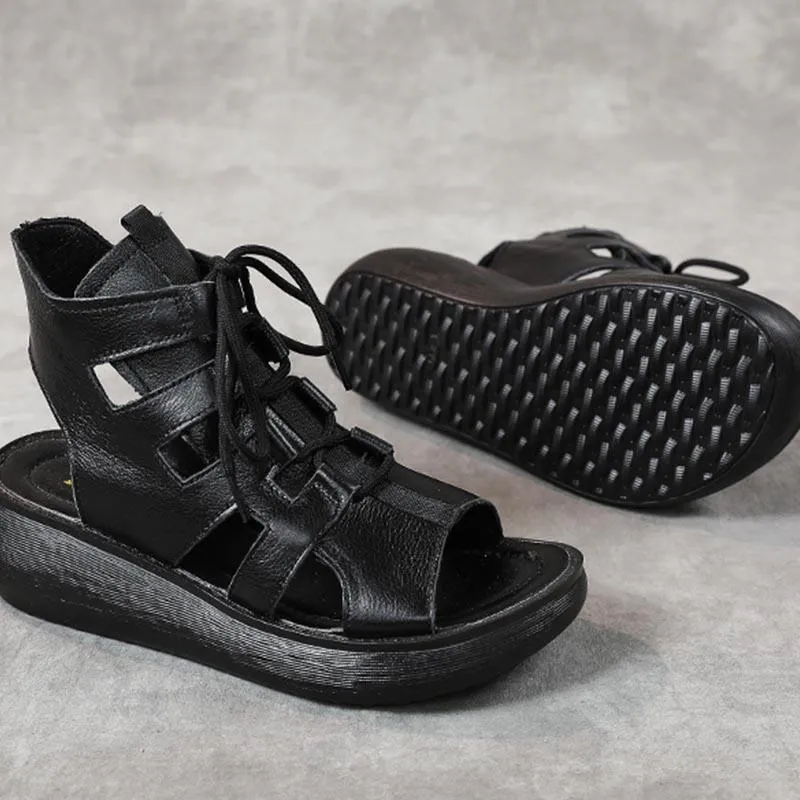 Women Summer Vintage Leather Hollow High Sandals