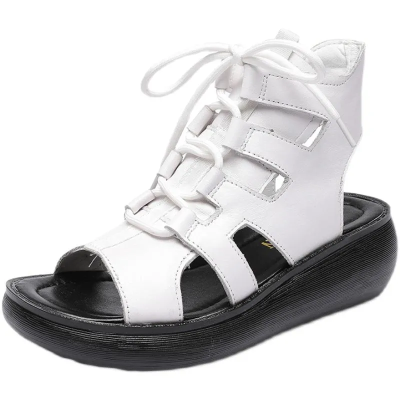 Women Summer Vintage Leather Hollow High Sandals