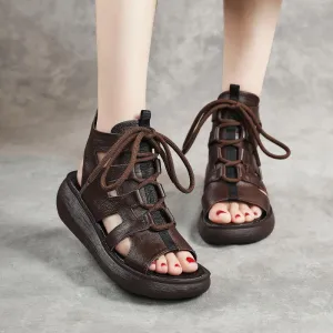 Women Summer Vintage Leather Hollow High Sandals